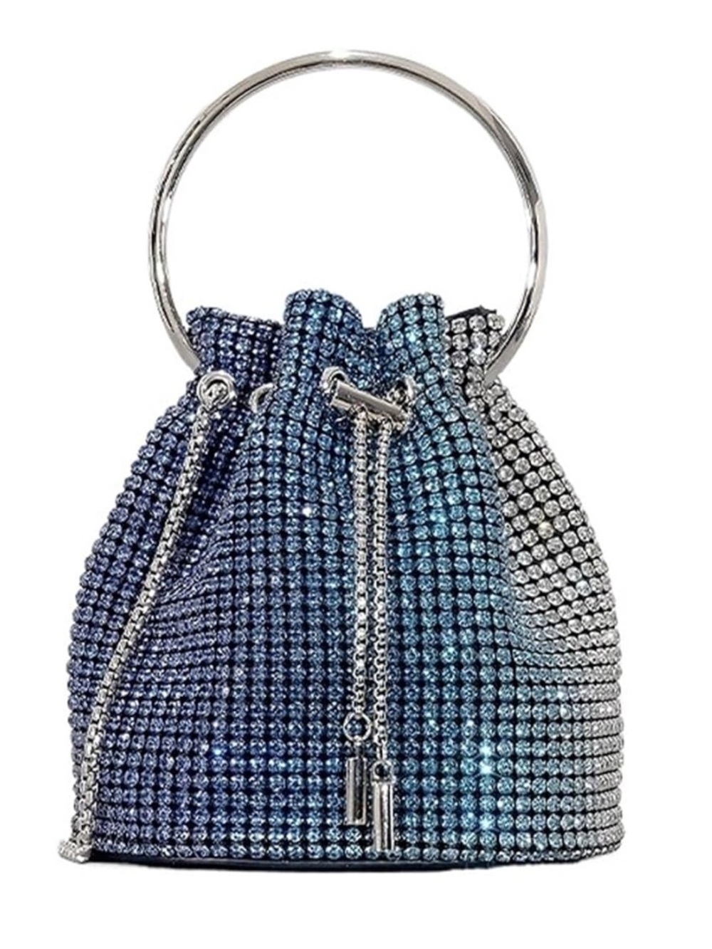 Blue Ombre Crystal Mini Drawstring Bag with Silver Ring Handle
